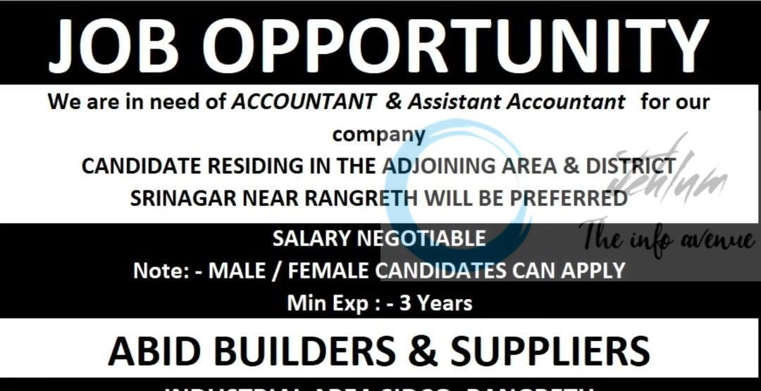 ABID BUILDERS AND SUPPLIERS SRINAGAR ACCOUNTANT/ASSISTANT ACCOUNTANT JOB OPPORTUNITIES 2025