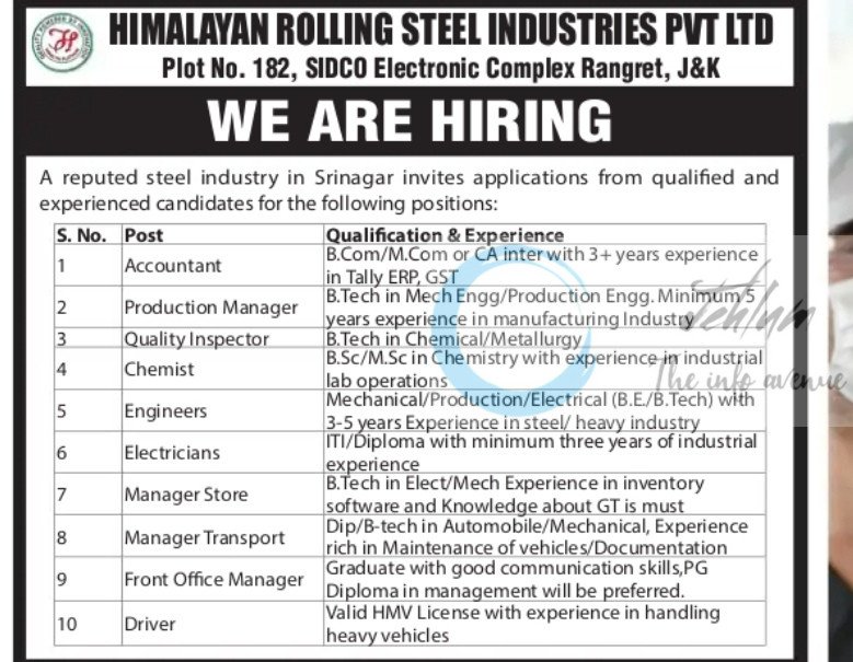 HIMALAYAN ROLLING STEEL INDUSTRIES PVT LTD HRSI SRINAGAR JOB OPPORTUNITIES 2025