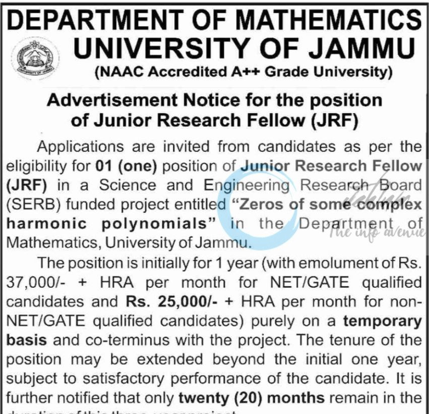 JAMMU UNIVERSITY JU DEPTT OF MATHEMATICS JRF JOB OPPORTUNITIES NOTICE PGD/Math/25/763