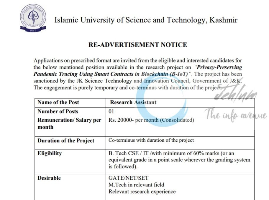 ISLAMIC UNIVERSITY OF SCIENCE AND TECHNOLOGY IUST AWANTIPORA RESEARCH ASSISTANT JOB OPPORTUNITIES 2025