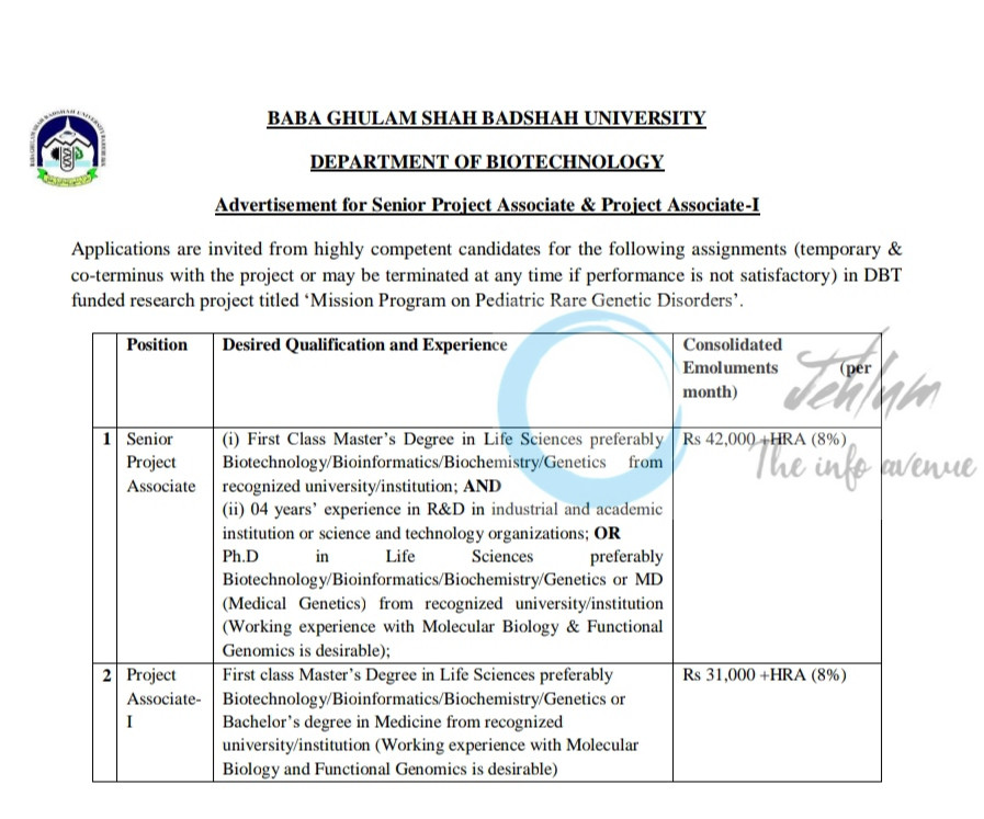 BABA GHULAM SHAH BADSHAH UNIVERSITY BGSBU DEPTT OF BIOTECHNOLOGY JOB OPPORTUNITIES NOTICE BGSBU/BIO/25/1736 2 BABA GHULAM SHAH BADSHAH UNIVERSITY BGSBU DEPTT OF BIOTECHNOLOGY JOB OPPORTUNITIES NOTICE BGSBU/BIO/25/1736