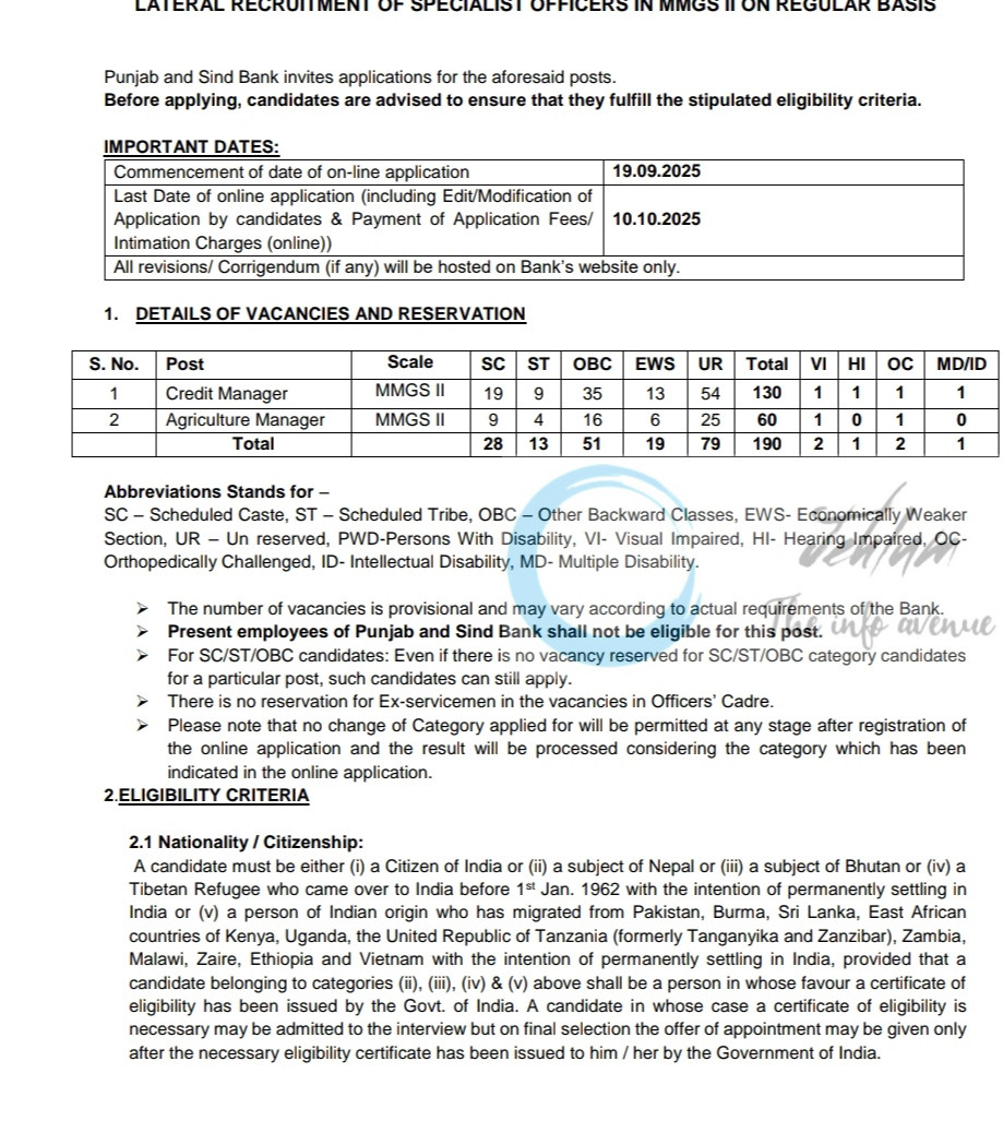 PUNJAB AND SIND BANK PSB SPECIALIST OFFICERS JOB OPPORTUNITIES NOTICE 2025