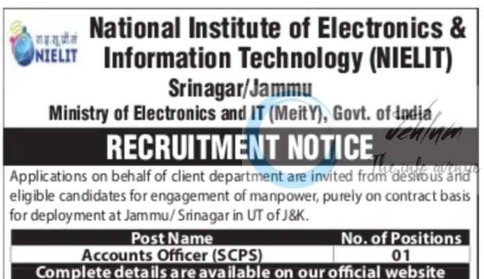 NATIONAL INSTITUTE OF ELECTRONICS AND INFORMATION TECHNOLOGY NIELIT SRINAGAR ACCOUNTS OFFICER JOB OPPORTUNITIES 07/01/08/NIELIT/S/J/R/01
