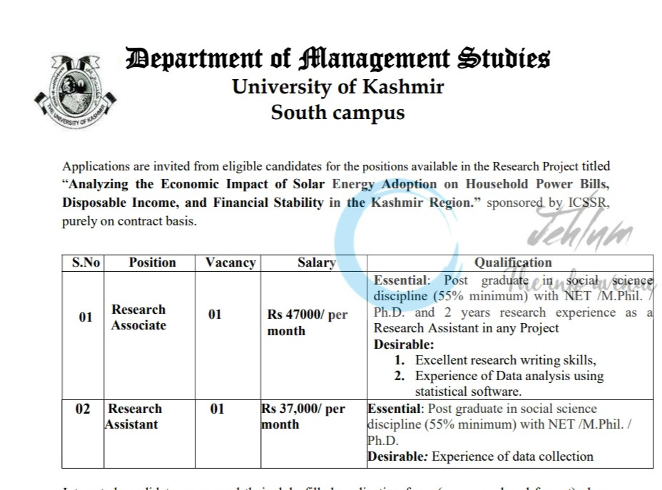 KASHMIR UNIVERSITY KU SOUTH CAMPUS DEPTT OF MANAGEMENT STUDIES ICSSR RESEARCH ASSOCIATE/RESEARCH ASSISTANT JOB OPPORTUNITIES 2025