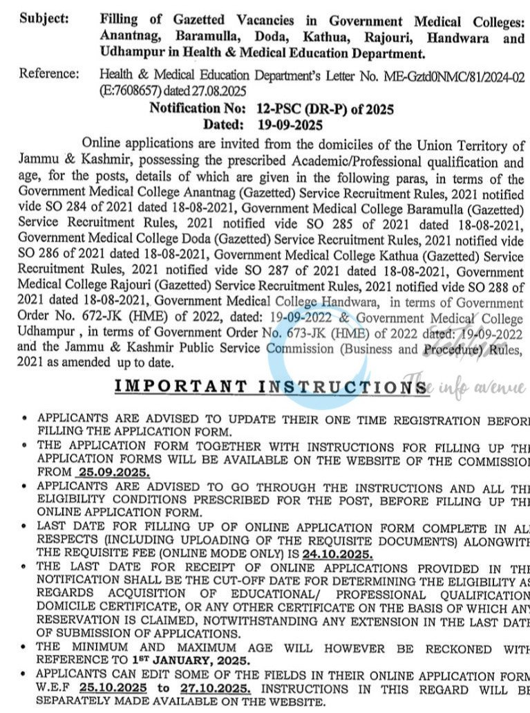 Jammu and Kashmir Public Service Commission JKPSC Health and Medical Education Department Srinagar Faculty job opportunities notice 12-PSC DR-P of 2025
