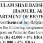 BABA GHULAM SHAH BADSHAH UNIVERSITY BGSBU RAJOURI DEPTT OF BIOTECHNOLOGY SR PROJECT ASSOCIATE JOB OPPORTUNITIES 2025