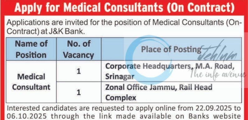 Jammu and Kashmir Bank Limited Medical Consultant job opportunities notice JKB/HR/Rectt/2025-364