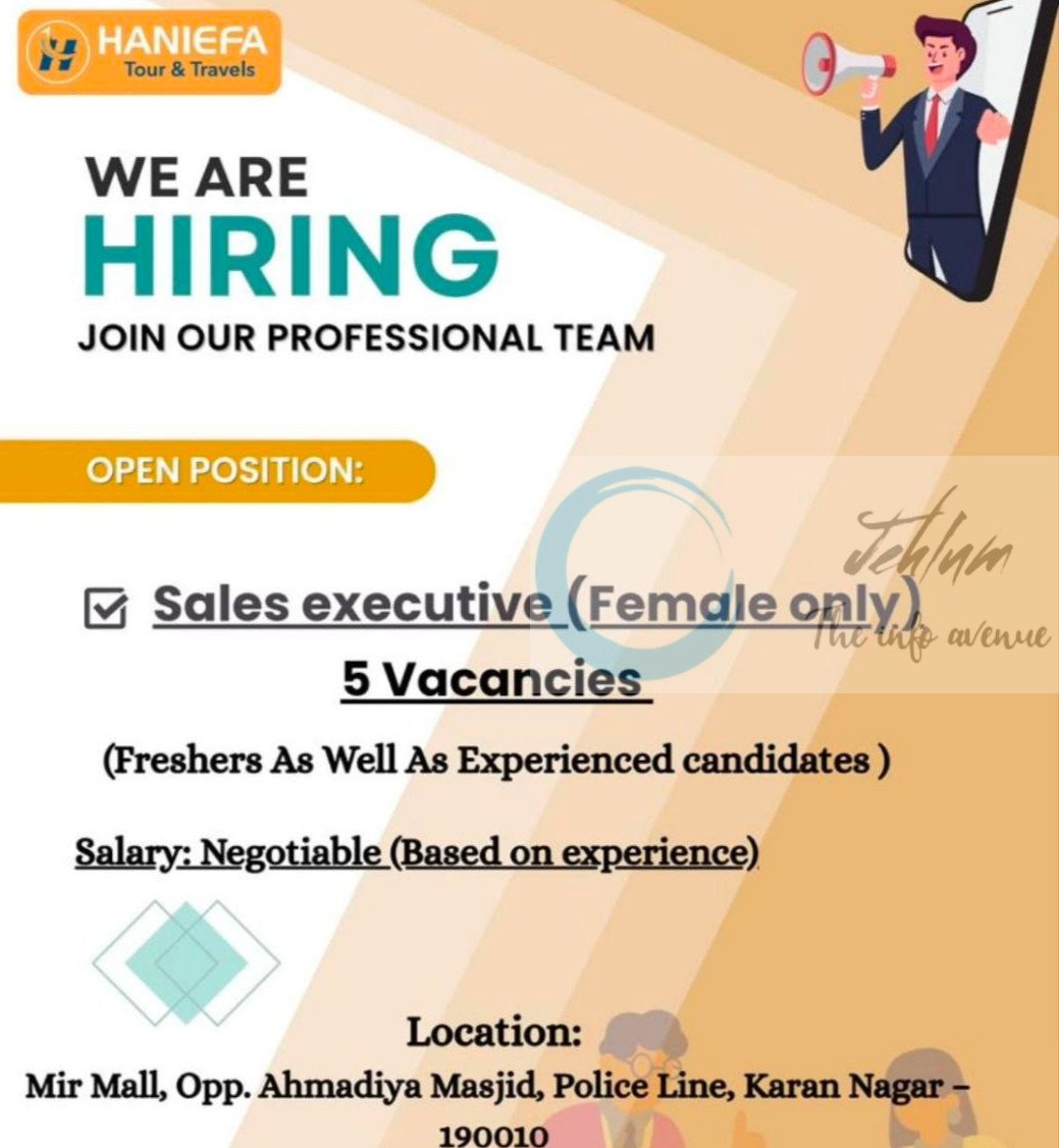 HANIEFA TOUR AND TRAVELS SRINAGAR SALES EXECUTIVE JOB OPPORTUNITIES 2025