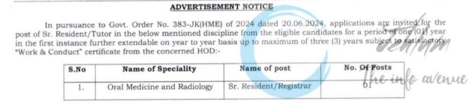 INDIRA GANDHI GOVT DENTAL COLLEGE IGGDC JAMMU SR RESIDENT/REGISTRAR JOB OPPORTUNITIES NOTICE IGGDCJ/Estt/GD/3768/75
