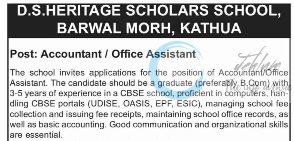 DS HERITAGE SCHOLARS SCHOOL DSHSS KATHUA ACCOUNTANT/OFFICE ASSISTANT JOB OPPORTUNITIES 2025
