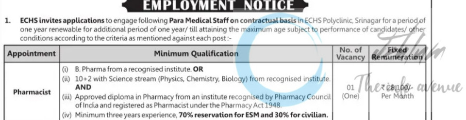 EX SERVICEMEN CONTRIBUTORY HEALTH SCHEME ECHS SRINAGAR PARA MEDICAL STAFF JOB OPPORTUNITIES 2025