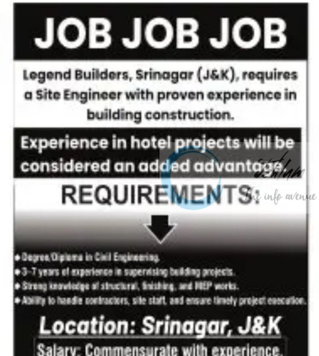 LEGEND BUILDERS SRINAGAR SITE ENGINEER JOB OPPORTUNITIES 2025