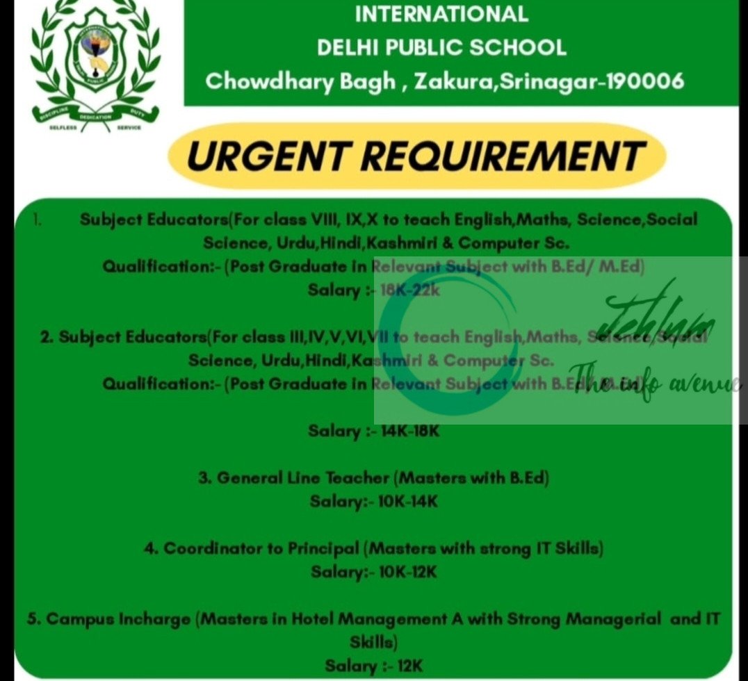 International Delhi Public School IDPS Srinagar Subject Educators / General Line Teacher Urgent Recruitment Notification 2025