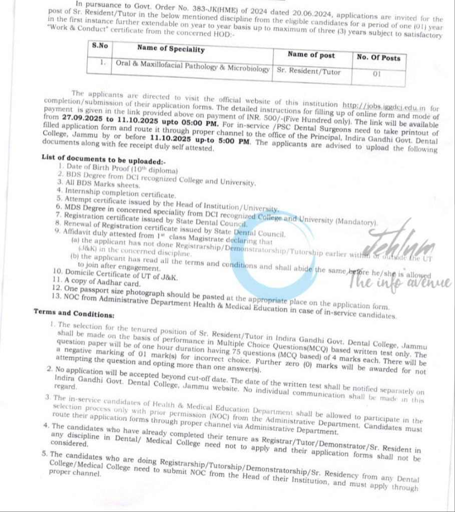 INDIRA GANDHI GOVT DENTAL COLLEGE IGDC JAMMU SR RESIDENT TUTOR JOB OPPORTUNITIES 383-JK/HME of 2025