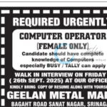 Geelan Metal Mart srinagar Computer Operator Job opportunities 2025