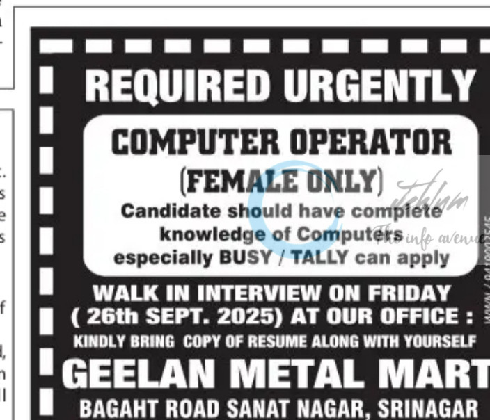 Geelan Metal Mart srinagar Computer Operator Job opportunities 2025