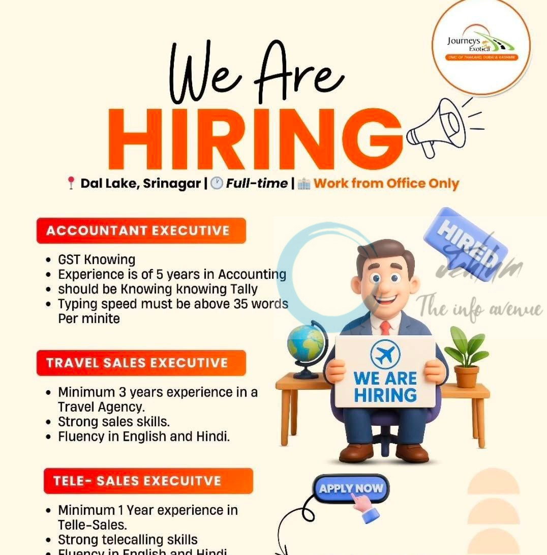 JOURNEYS EXOTICA SRINAGAR ACCOUNTANT EXECUTIVE/TRAVEL SALES EXECUTIVE JOB OPPORTUNITIES 2025