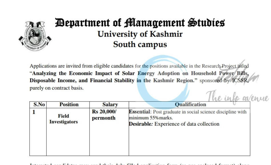 KASHMIR UNIVERSITY KU SOUTH CAMPUS DEPTT OF MANAGEMENT STUDIES FIELD INVESTIGATORS JOB OPPORTUNITIES 2025