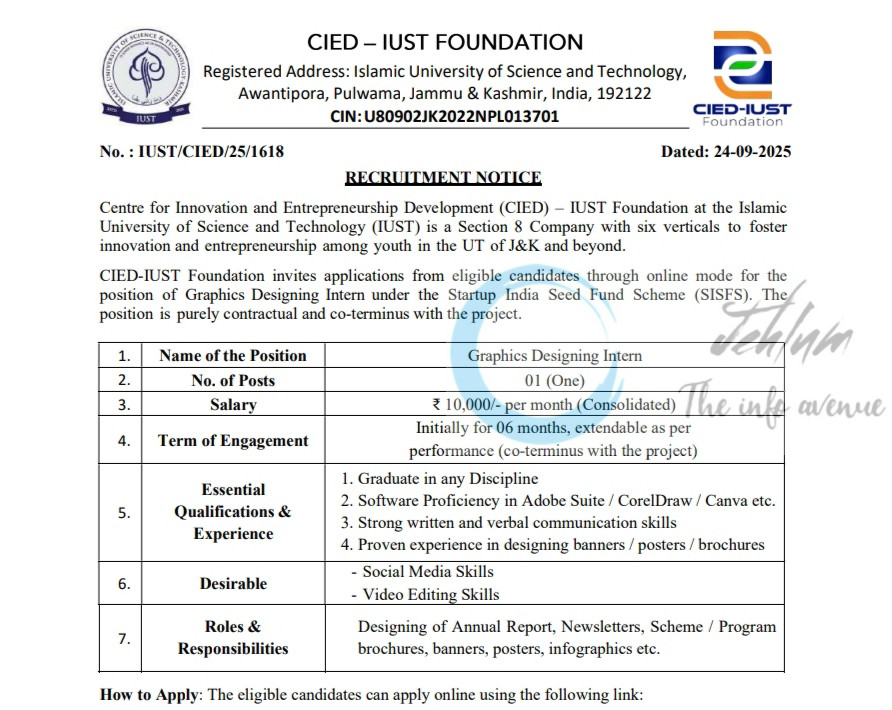IUST CENTRE FOR INNOVATION AND ENTREPRENEURSHIP DEVELOPMENT CIED GRAPHICS DESIGNING SISFS INTERN JOB OPPORTUNITIES IUST/CIED/25/1618