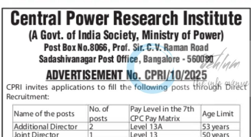 Central Power Research Institute CPRI Bangalore Additional Joint Director job opportunities notice CPRI/10/2025