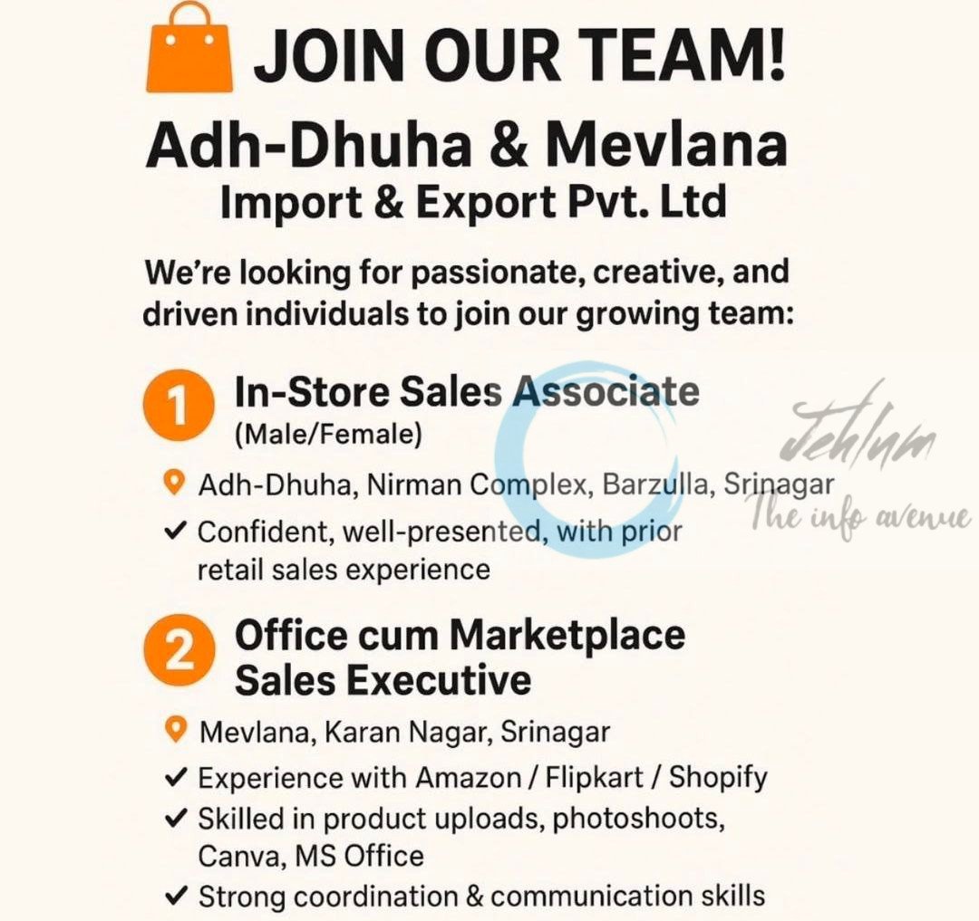 ADH DHUHA MEVLANA IMPORT EXPORT PVT LTD SRINAGAR JOB OPPORTUNITIES 2025