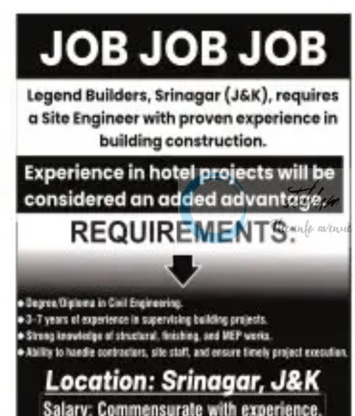 LEGEND BUILDERS SRINAGAR SITE ENGINEER JOB OPPORTUNITIES 2025