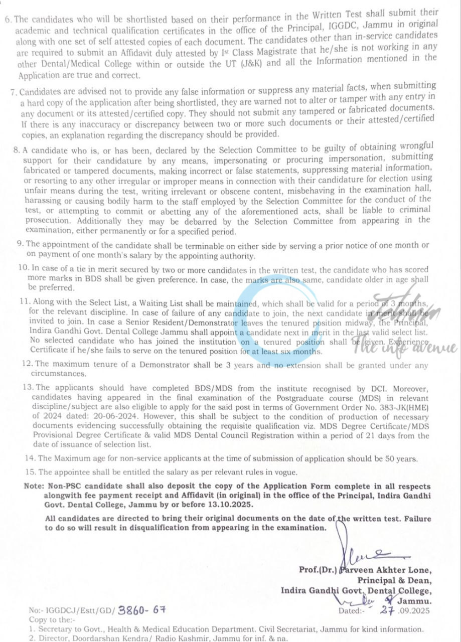 INDIRA GANDHI GOVT DENTAL COLLEGE JAMMU IGGDCDJ SR RESIDENT DEMONSTRATOR JOB OPPORTUNITIES NOTICE 3860-67/2025