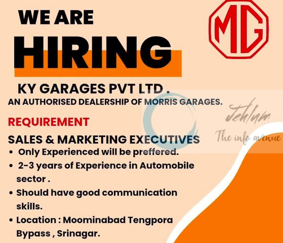 KY GARAGES PVT LTD SRINAGAR SALES AND MARKETING EXECUTIVES JOB OPPORTUNITIES 2025