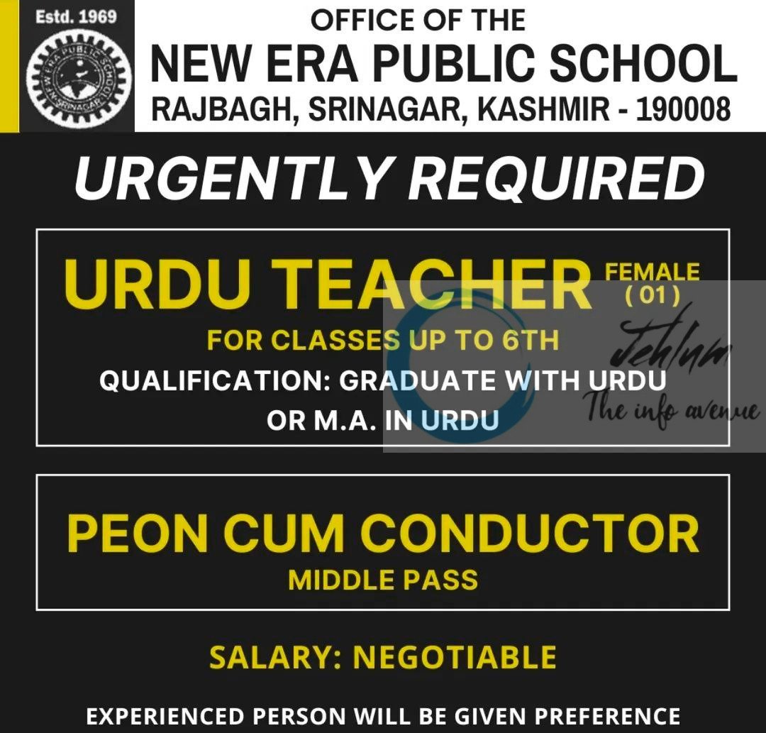 NEW ERA PUBLIC SCHOOL NEPS SRINAGAR JOB OPPORTUNITIES 2025