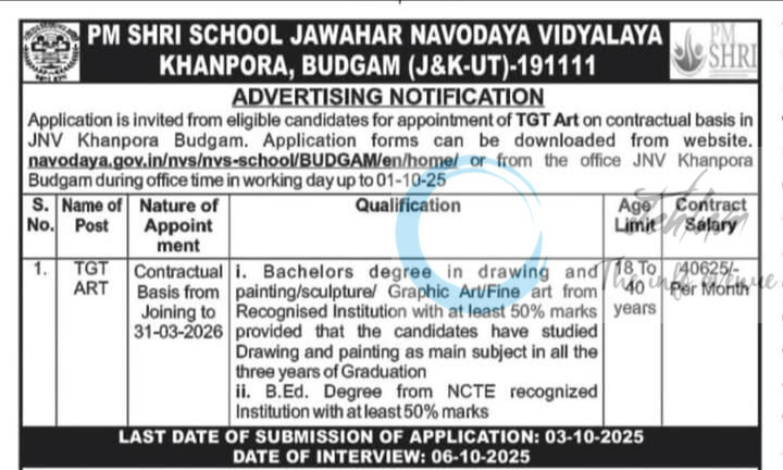 PM Shri Jawahar Navodaya Vidyalaya JNV Khanpora Budgam TGT Art Advt Contractual Vacancy Notification 2025