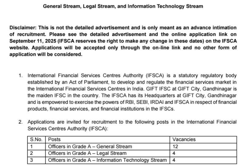 International Financial Services Centres Authority IFSCA Officer Grade A Assistant Manager General Stream Legal IT Opportunities Recruitment Notification 2025 IFSCA Officer Grade A Assistant Manager General Stream Legal IT Opportunities Recruitment Notification 2025