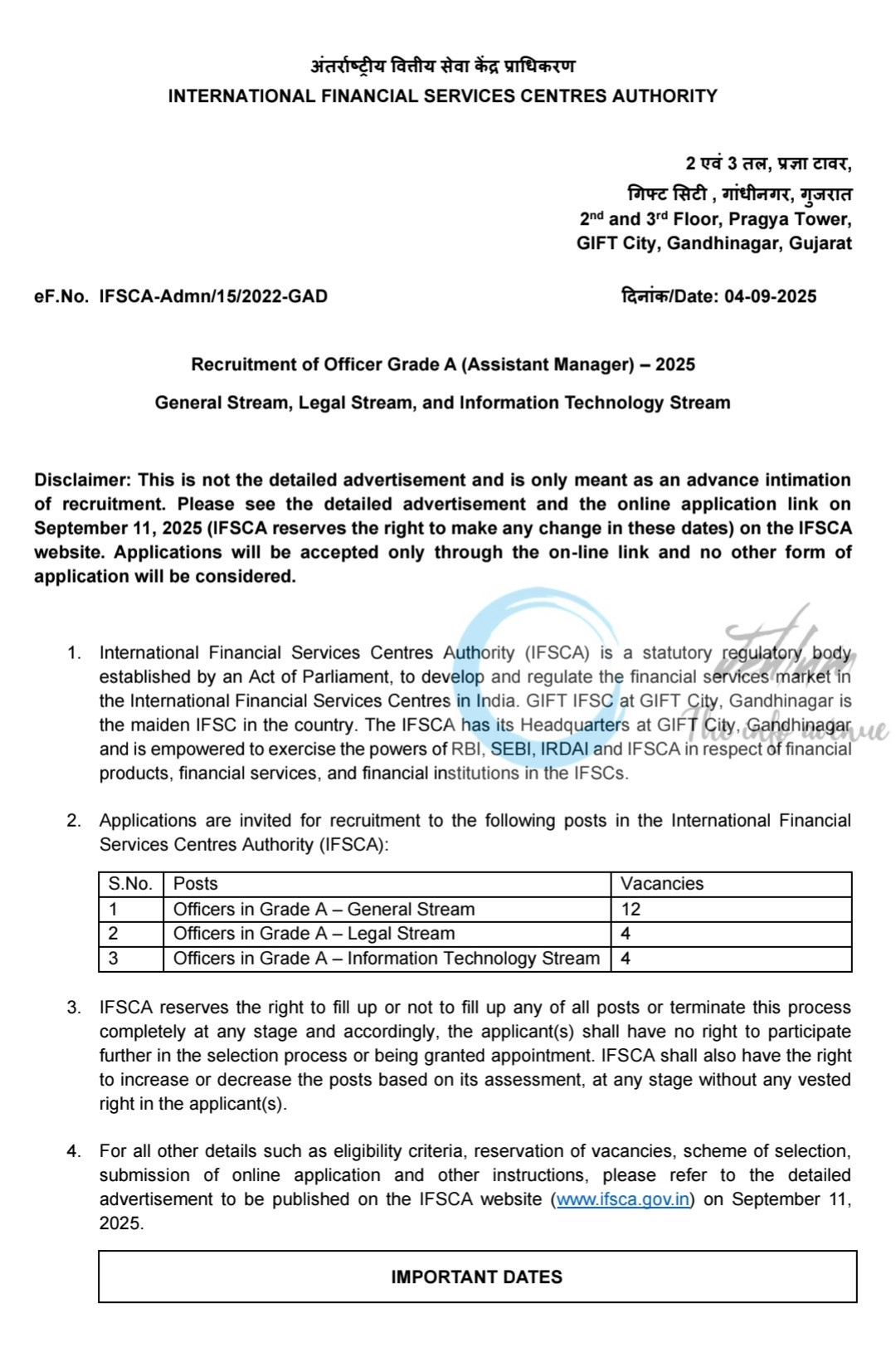 IFSCA Officer Grade A Assistant Manager General Stream Legal IT Opportunities Recruitment Notification 2025