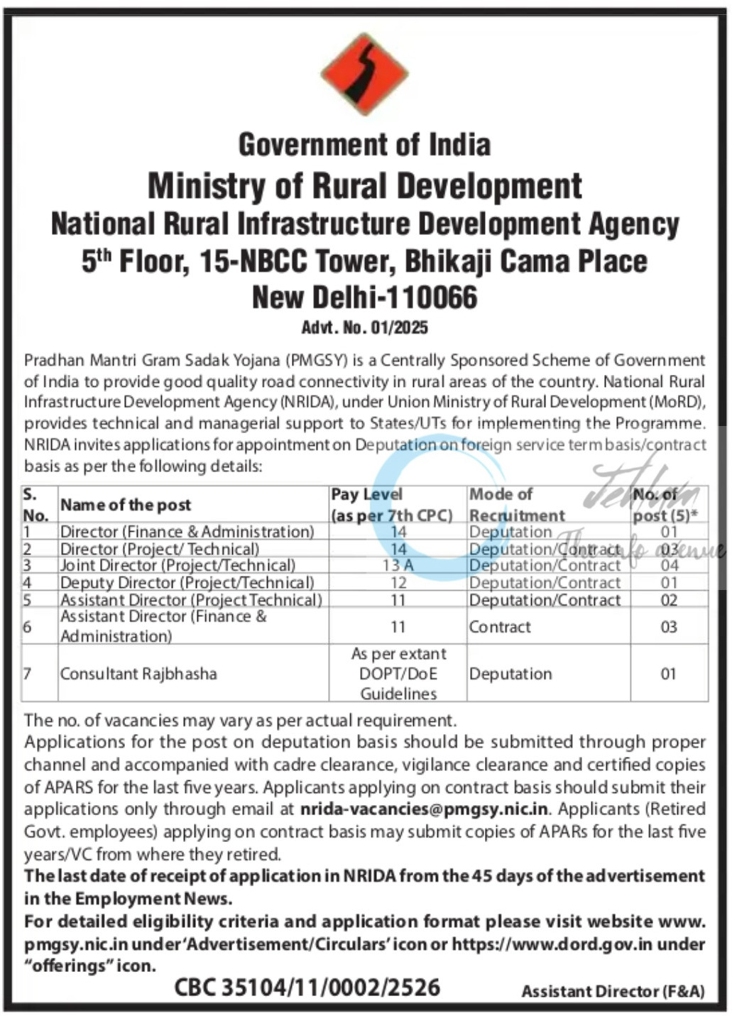 Ministry of Rural Development NRIDA Recruitment Advt 01 2025