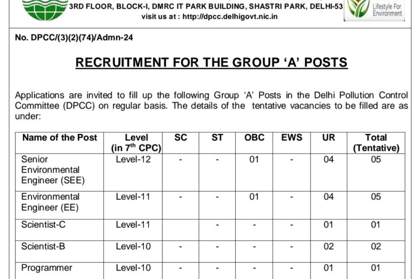 Govt of NCT Delhi Pollution Control Committee DPCC Environmental Department Group A Posts Recruitment 2025