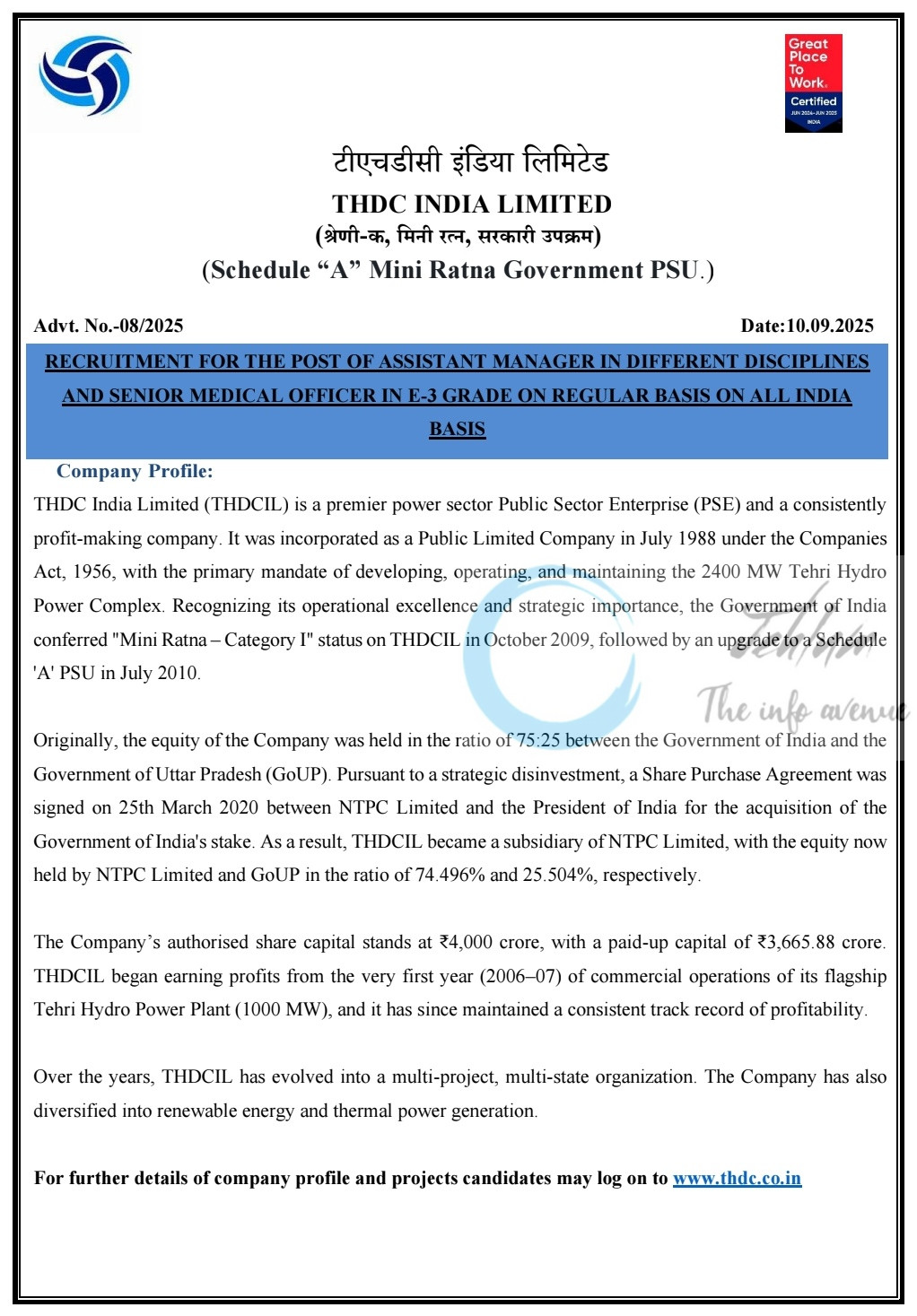 THDC India Limited THDCIL Assistant Manager/ Senior Medical Officer Recruitment Opportunities Advt No 08/2025
