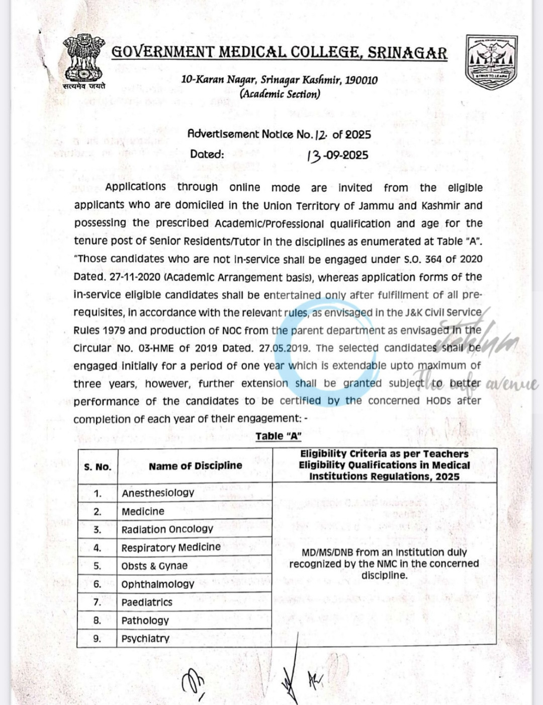 Govt Medical College GMC Srinagar Senior Residents Tutor Engagement Advertisement Notice No 12 of 2025