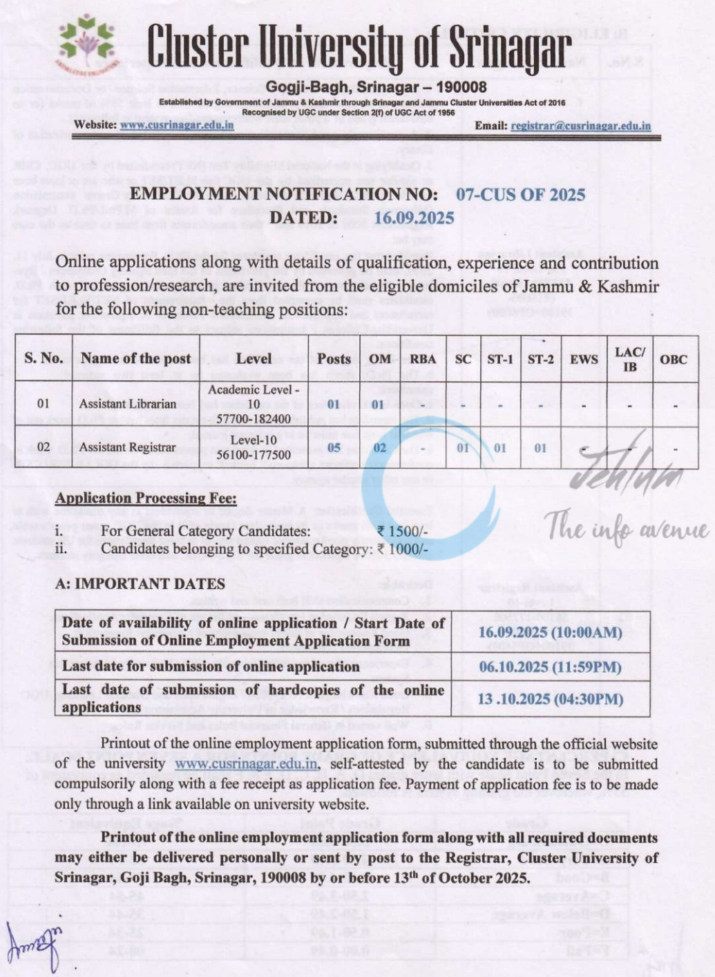 Cluster University of Srinagar CUS Non Teaching Jobs Assistant Librarian/Assistant Registrar Recruitment 07-CUS of 2025 Employment Notification