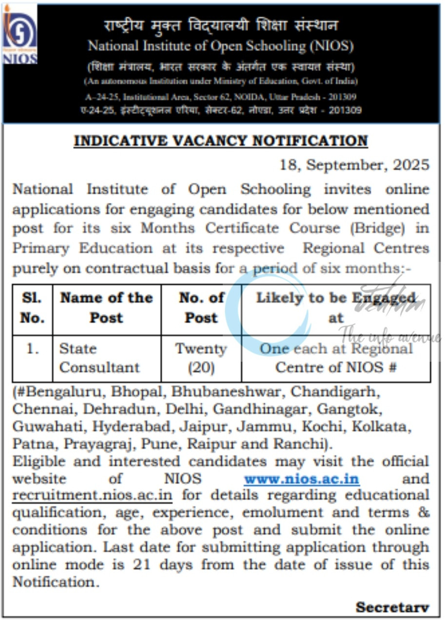National Institute of Open Schooling NIOS State Consultant Vacancy Notification 2025 Job Opportunities 2 National Institute of Open Schooling NIOS State Consultant Vacancy Notification 2025 Job Opportunities