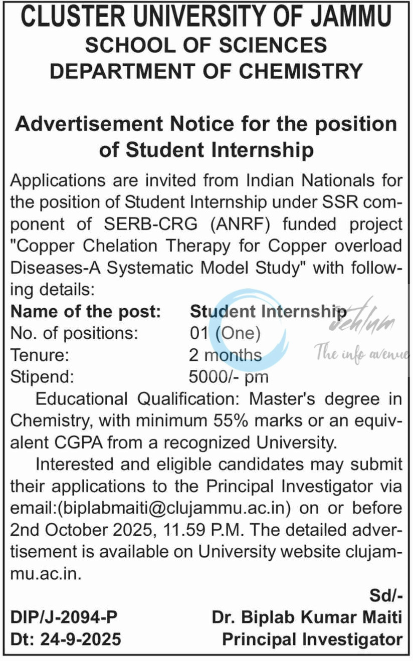 Cluster University of Jammu CU Dept of Chemistry Student Internship Advt DIP/J-2094-P Research Opportunities 2025 2 Cluster University of Jammu CU Dept of Chemistry Student Internship Advt DIP/J-2094-P Research Opportunities 2025