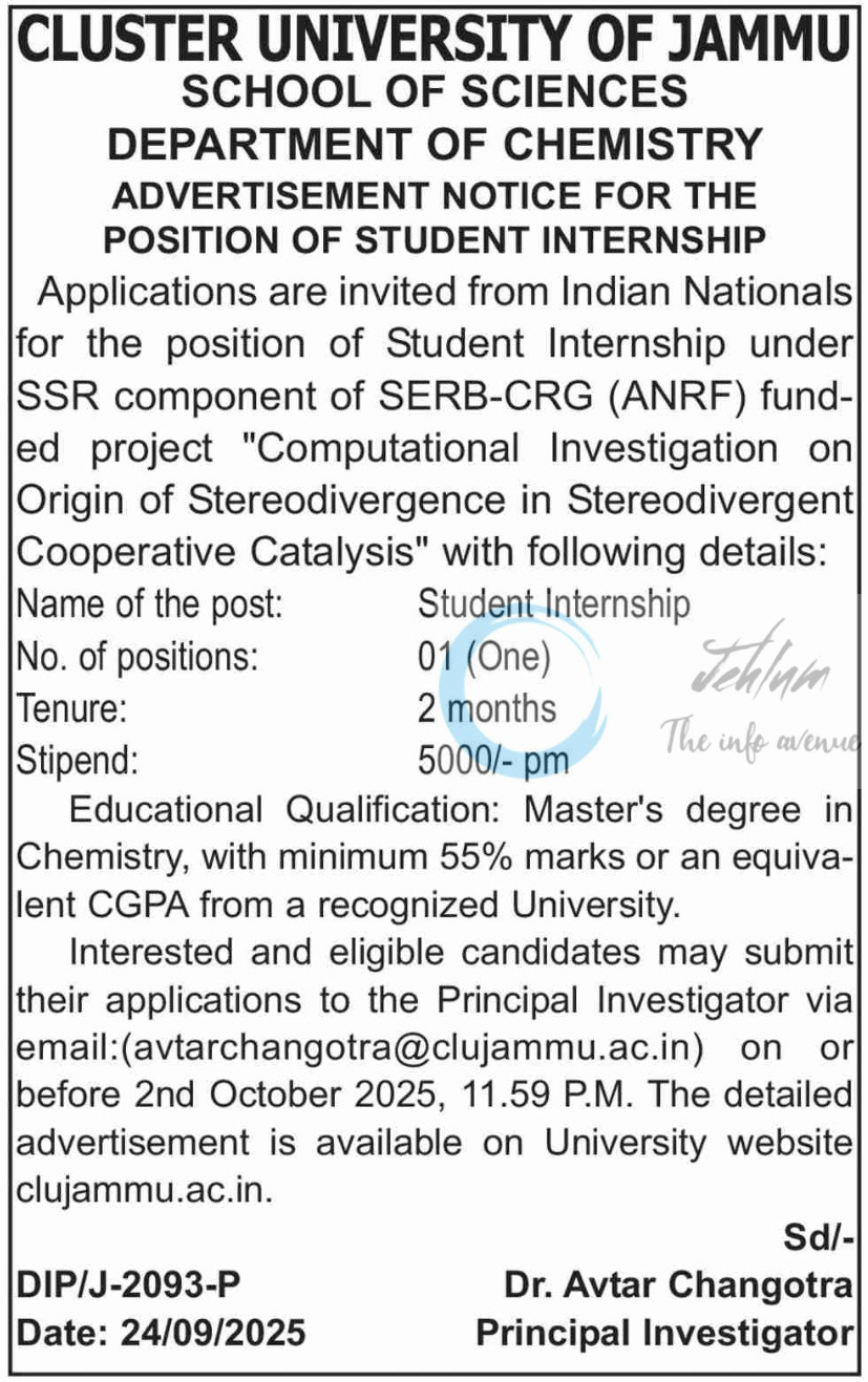 Cluster University of Jammu CU Deptt of Chemistry Student Internship Advt DIP/J-2093-P Research Opportunity 2025 2 Cluster University of Jammu CU Deptt of Chemistry Student Internship Advt DIP/J-2093-P Research Opportunity 2025