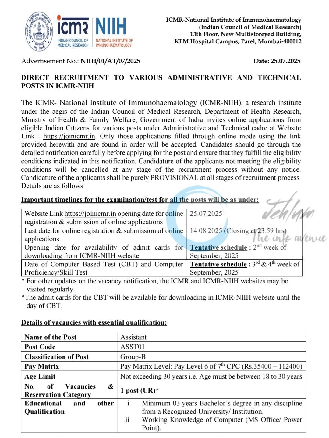 ICMR National Institute of Immunohaematology NIIH Administrative and Technical Posts Direct Recruitment Advt Notification No NIIH/01/AT/07/2025