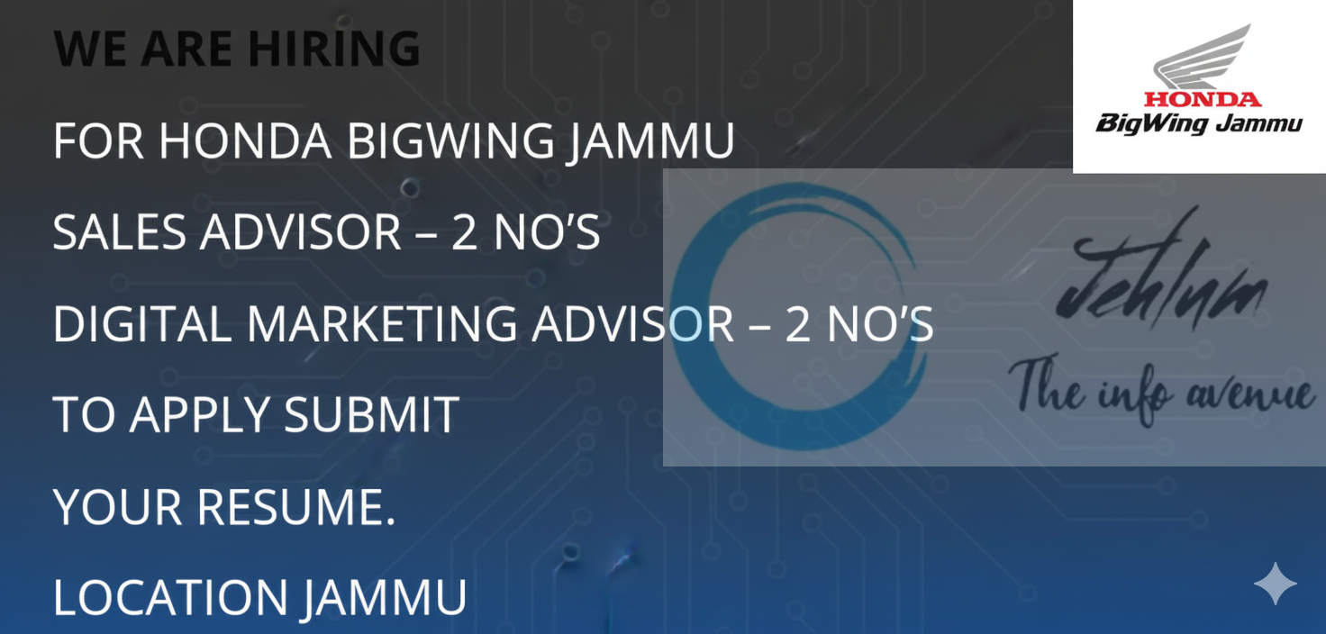 Honda BigWing Jammu Sales Advisor/ Digital Marketing Advisor job opportunities 2025