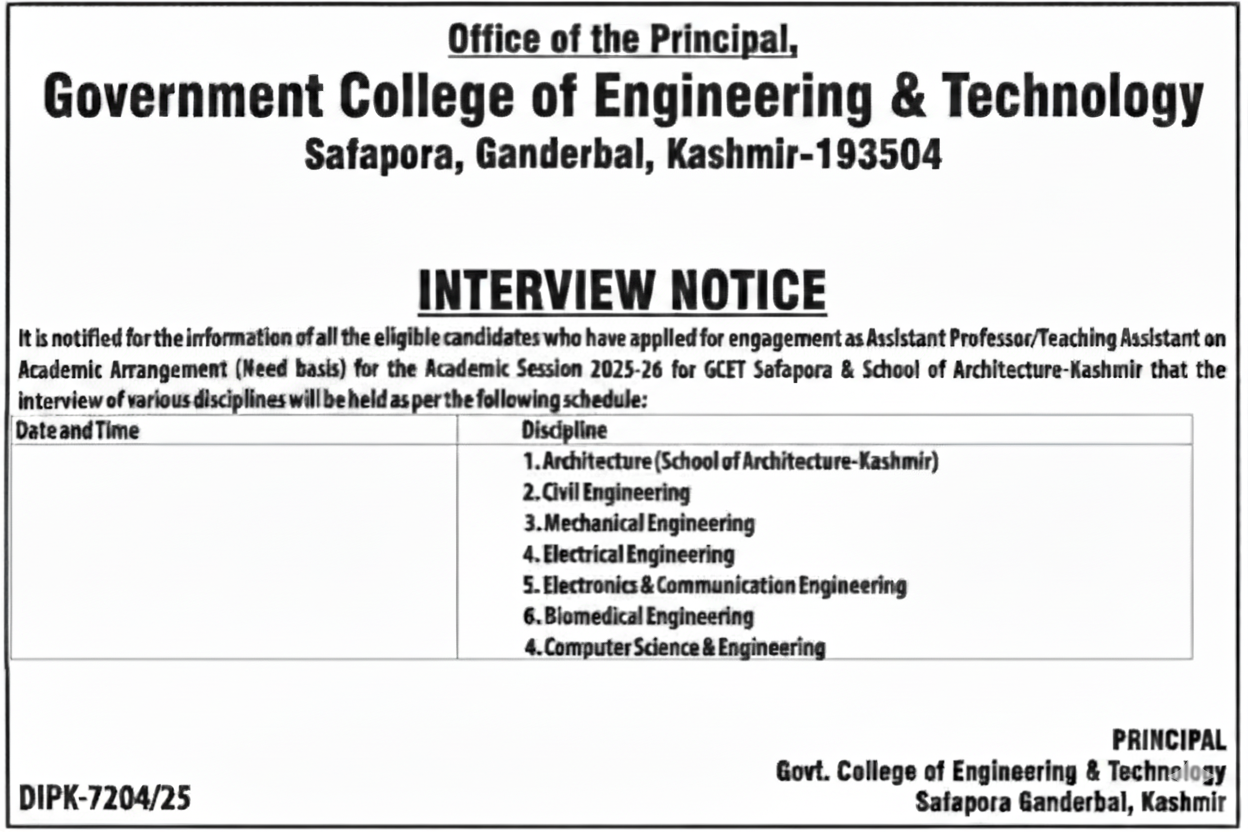Government College of Engineering Technology GCET Ganderbal faculty job opportunities 2025 Government College of Engineering Technology GCET Ganderbal faculty job opportunities 2025