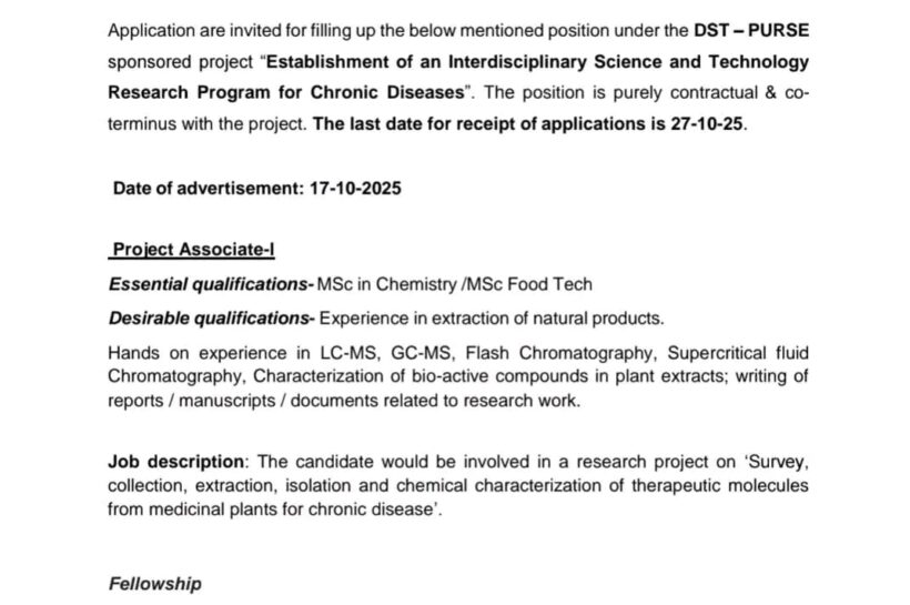 Islamic University of Science and Technology IUST DSOHS Awantipora Project Associate-I job opportunities notice IUST/DSOHS-PURSE/25/322 Islamic University of Science and Technology IUST DSOHS Awantipora Project Associate-I job opportunities notice IUST/DSOHS-PURSE/25/322
