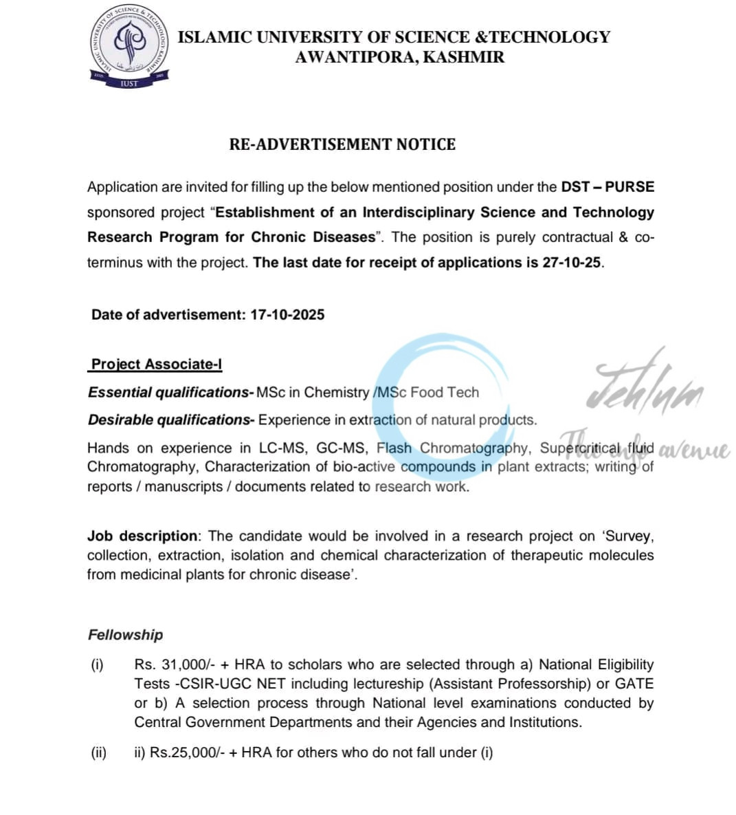 Islamic University of Science and Technology IUST DSOHS Awantipora Project Associate-I job opportunities notice IUST/DSOHS-PURSE/25/322