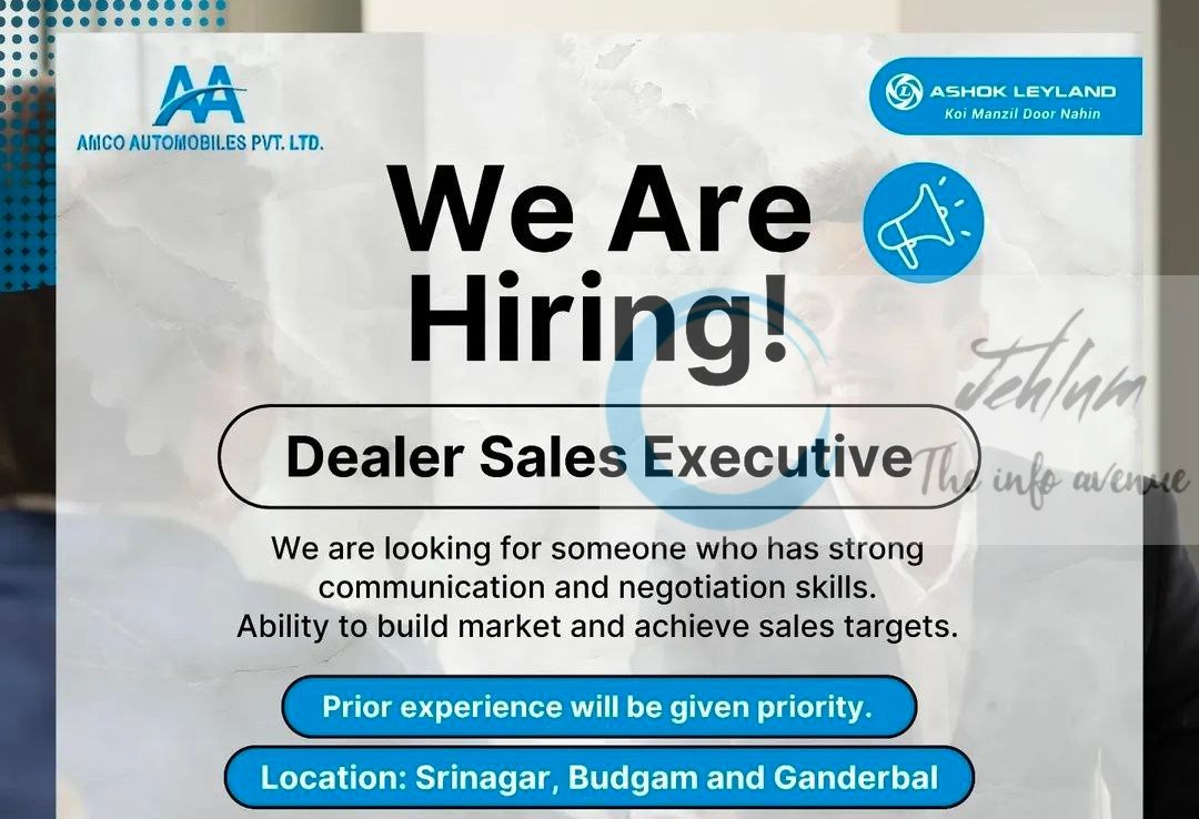 AMCO AUTOMOBILES PVT LTD DEALER SALES EXECUTIVE JOB OPPORTUNITIES SRINAGAR/BUDGAM/GANDERBAL 2025