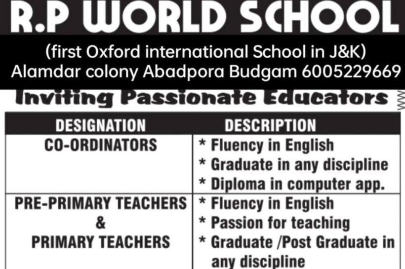 R P World School budgam job opportunities 2025 R P World School budgam job opportunities 2025
