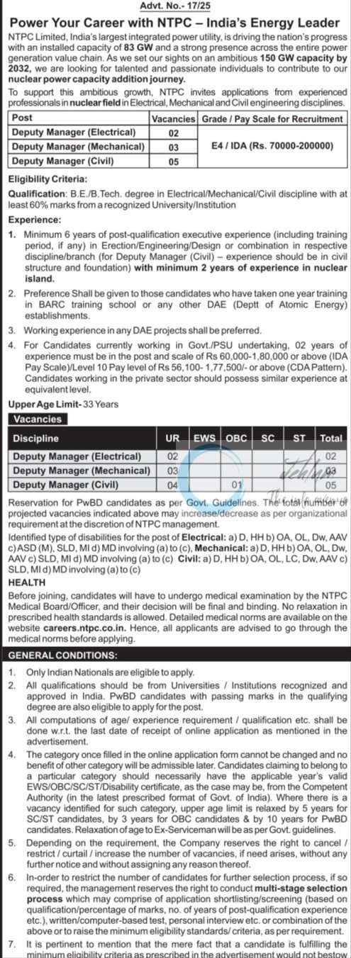 NTPC LIMITED NEW DELHI DEPUTY MANAGER JOB OPPORTUNITIES NOTICE 17/25