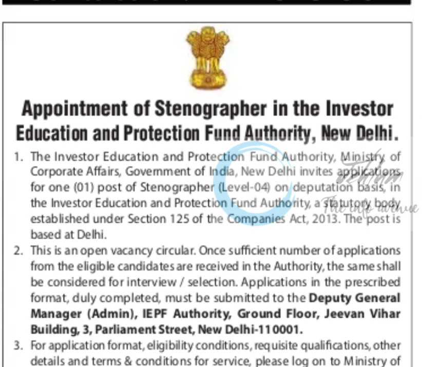Investor Education and Protection Fund Authority IEPF Authority New Delhi Stenographer job opportunities notice 07110/12/0008/2526 2 Investor Education and Protection Fund Authority IEPF Authority New Delhi Stenographer job opportunities notice 07110/12/0008/2526