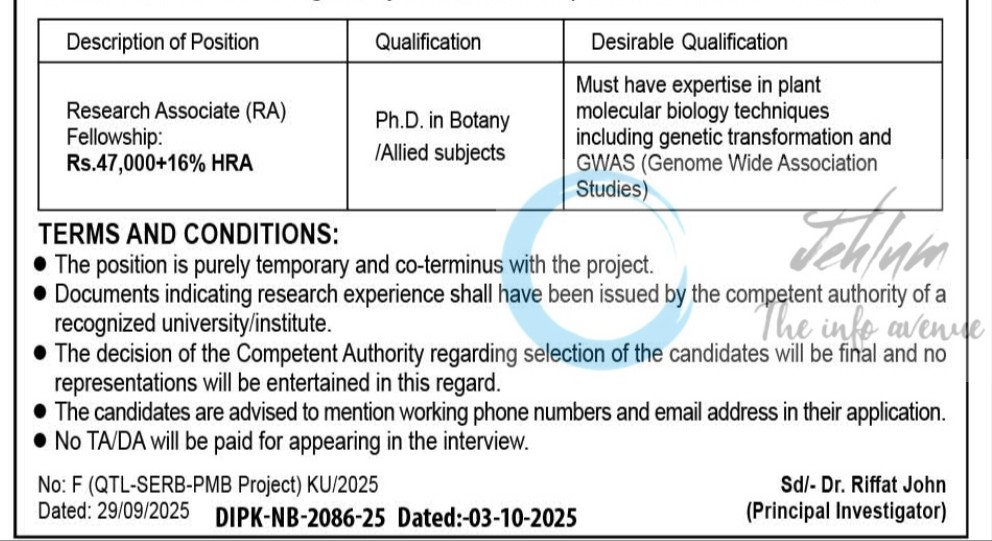 KASHMIR UNIVERSITY KU DEPTT OF BOTANY RA JOB OPPORTUNITIES 2025